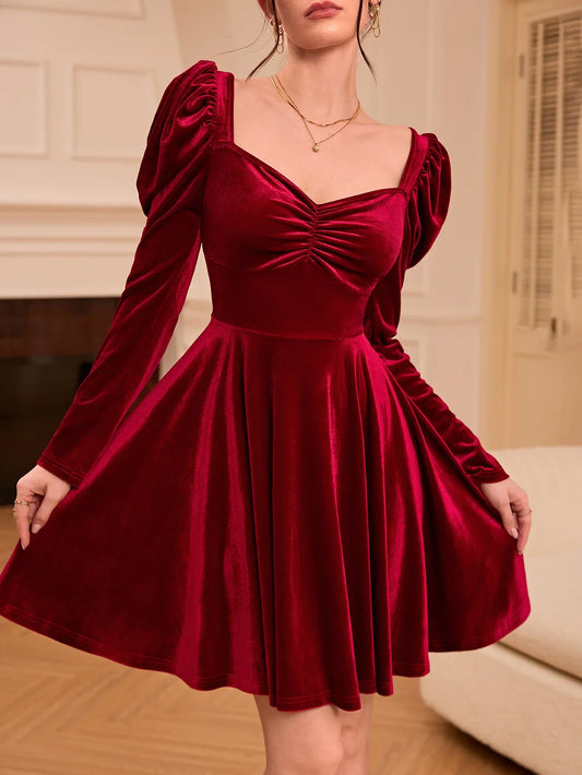 TEMU-French-Style Burgundy Winter Dress - alotasawkli