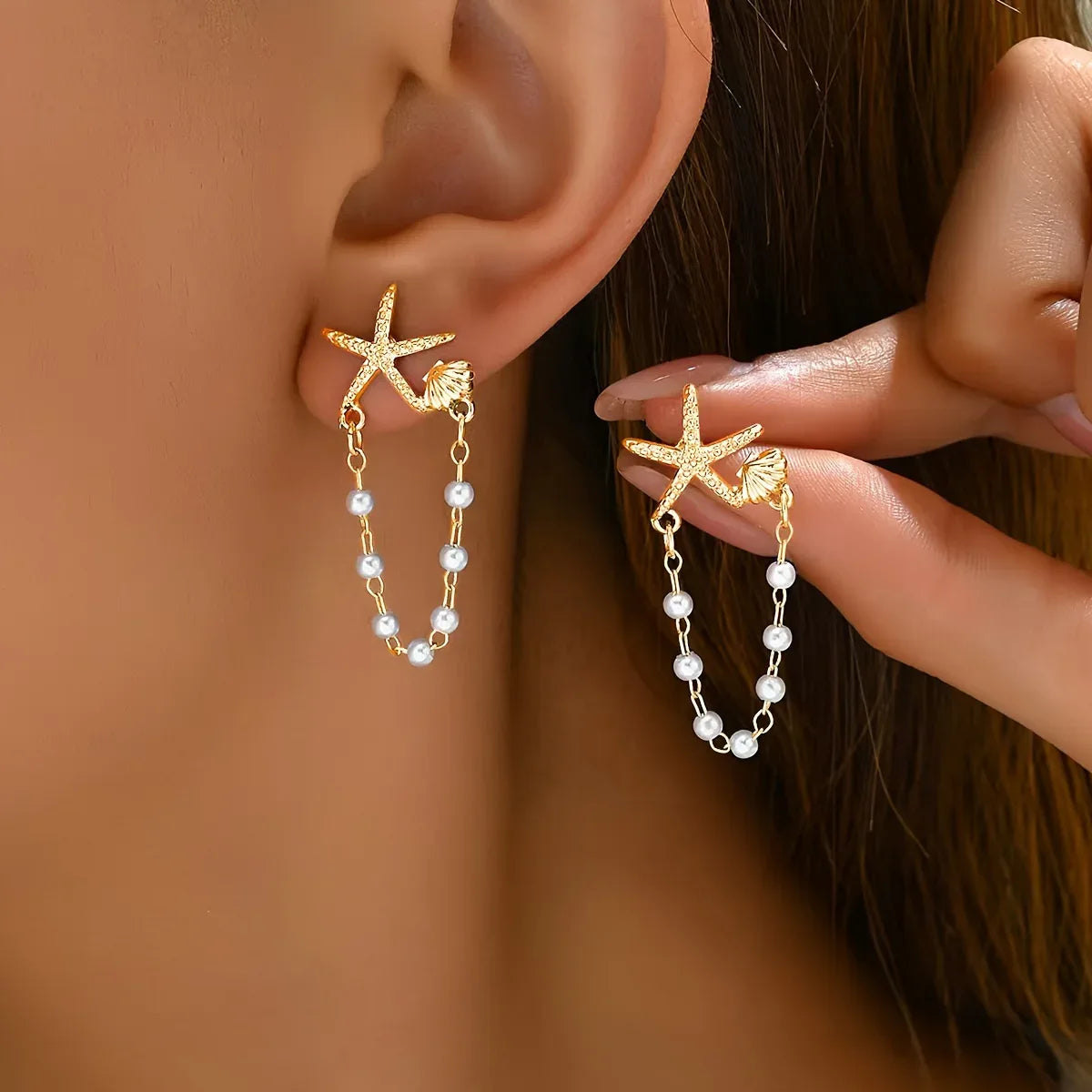 Pair of Starfish Shell Ocean Style Earrings - 18K Golden Plated Zinc - alotasawkli