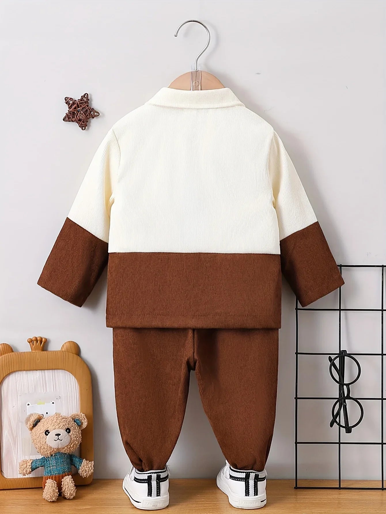 TEMU-Boys' Lapel Patchwork Shirt + Solid Color Shorts Two-Piece - alotasawkli