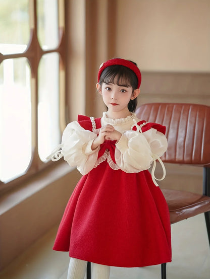 TEMU-Girls' Two-Piece Princess Dress with Bubble Sleeves & Big Bow - Red - alotasawkli