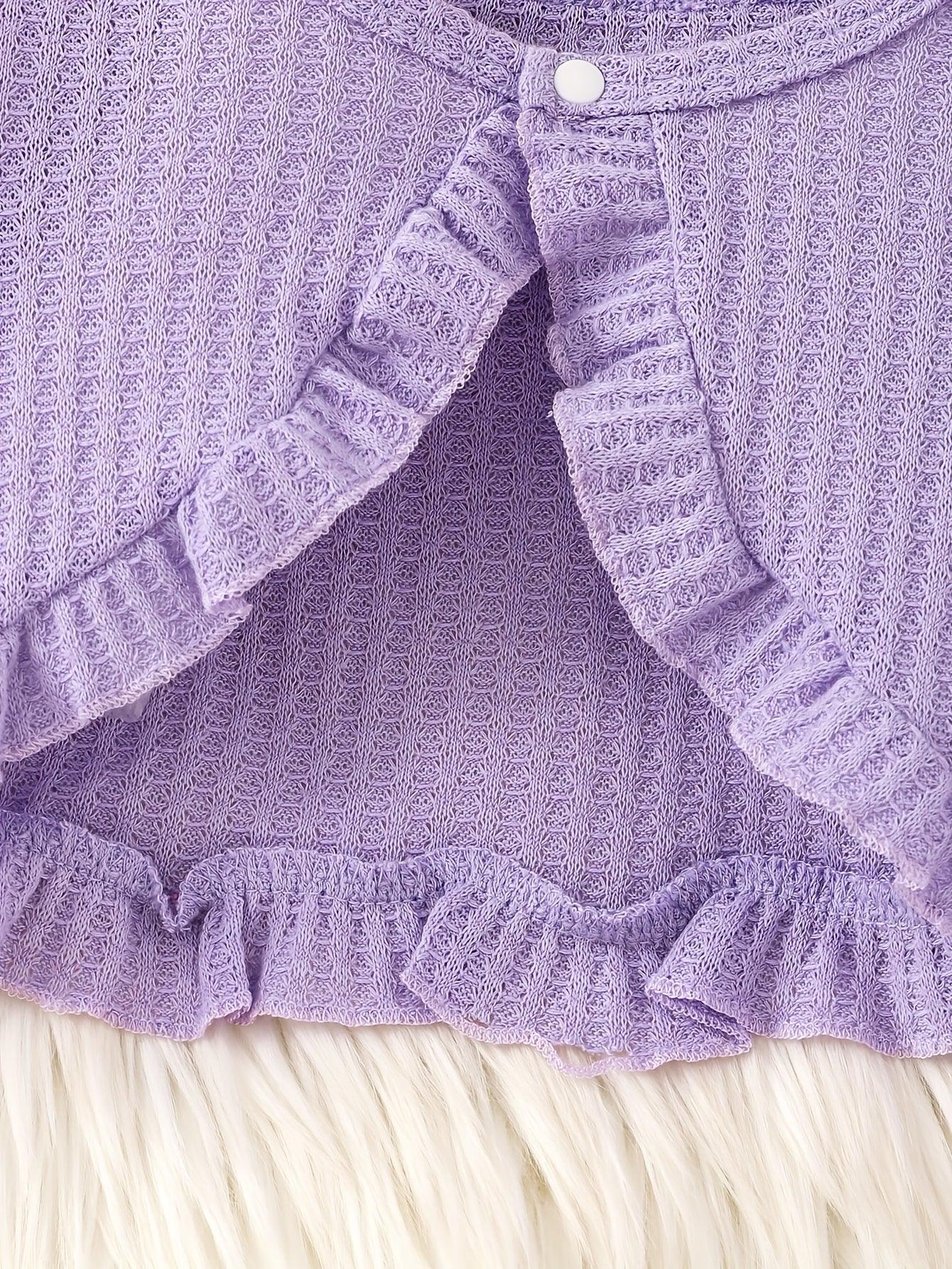 2pcs Autumn Winter Girl Purple Ruffle Jacket Button Decoration Bow Flower Little Bee Print Vest Dress, Suitable for Outdoor Play and Events, Casual Elegant, Fashionable Clothing, Perfect for Outdoor - alotasawkli