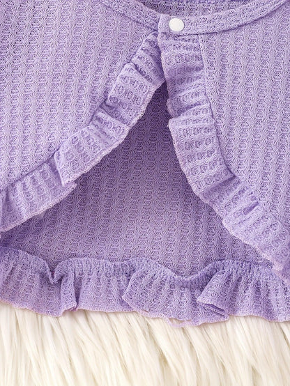 2pcs Autumn Winter Girl Purple Ruffle Jacket Button Decoration Bow Flower Little Bee Print Vest Dress, Suitable for Outdoor Play and Events, Casual Elegant, Fashionable Clothing, Perfect for Outdoor - alotasawkli