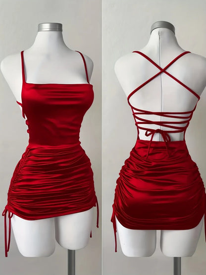 TEMU-Women's New Solid Color Lace-Up Drawstring Backless Suspender Dress - alotasawkli