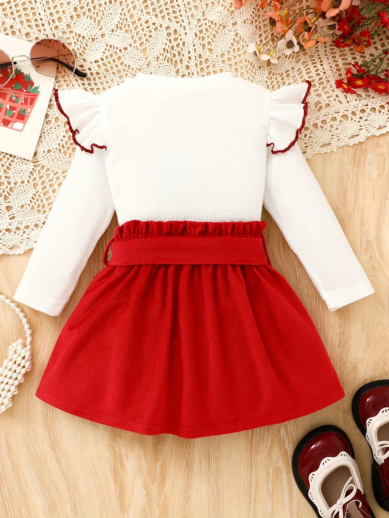 2pcs Winter Dress Set with Flying Sleeve Bow Embellished Top & Asymmetric Skirt - Belt Included, Matching Outfit for Clothing (Birthday Party Wedding Daily Wear), Perfect for Outdoor - alotasawkli