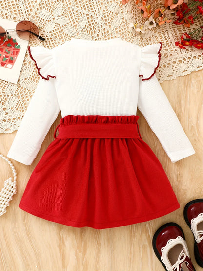 2pcs Winter Dress Set with Flying Sleeve Bow Embellished Top & Asymmetric Skirt - Belt Included, Matching Outfit for Clothing (Birthday Party Wedding Daily Wear), Perfect for Outdoor - alotasawkli