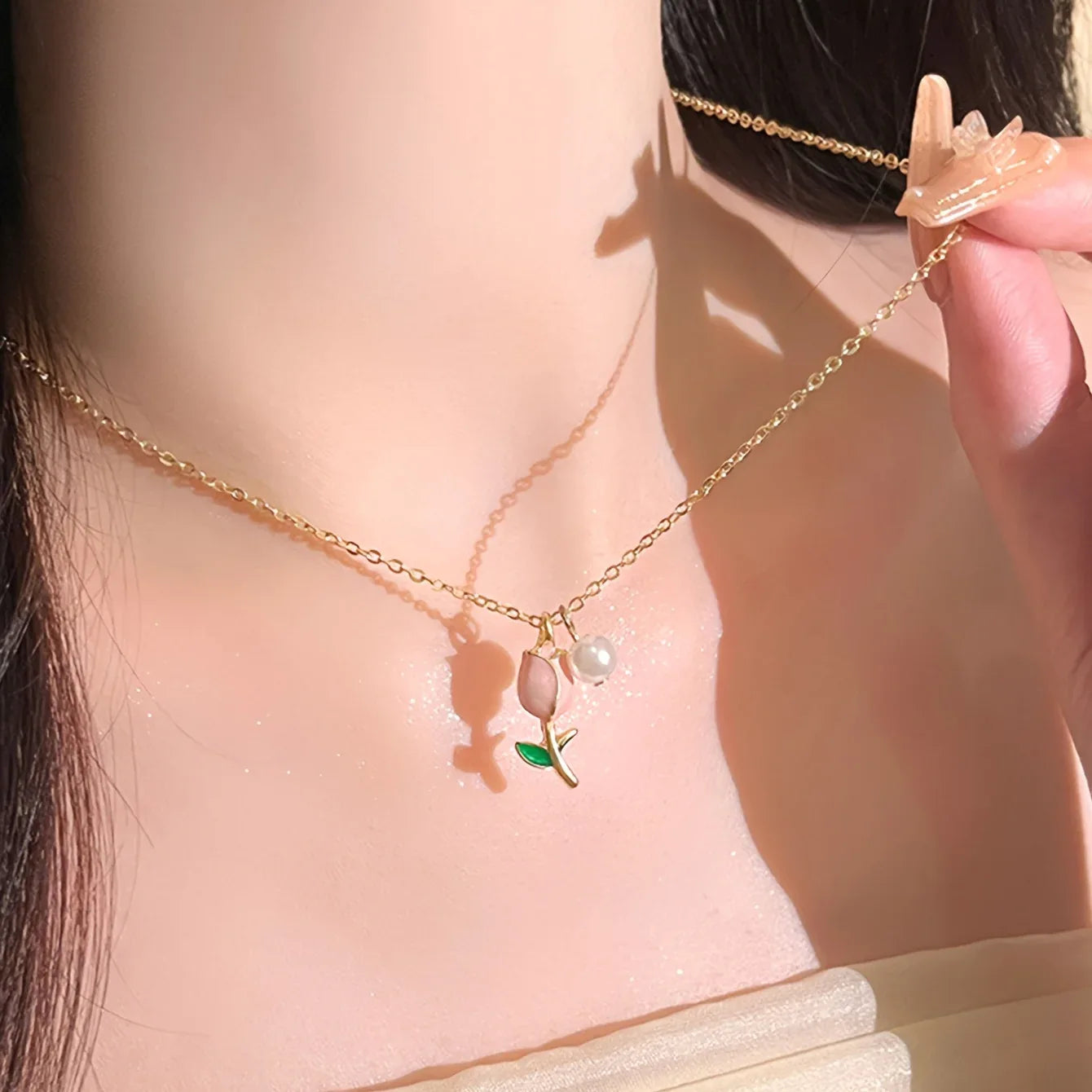 2pcs Sweet Chic Pink Tulip Wedding Season Versatile Earrings Necklace Set - alotasawkli