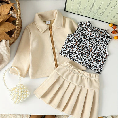 Girls' Autumn and Winter Leopard Print Vest + Solid Color Turn- Collar Jacket + Solid Color Pleated Skirt Fashion Street 3pcs Set, Perfect for Outdoor - alotasawkli