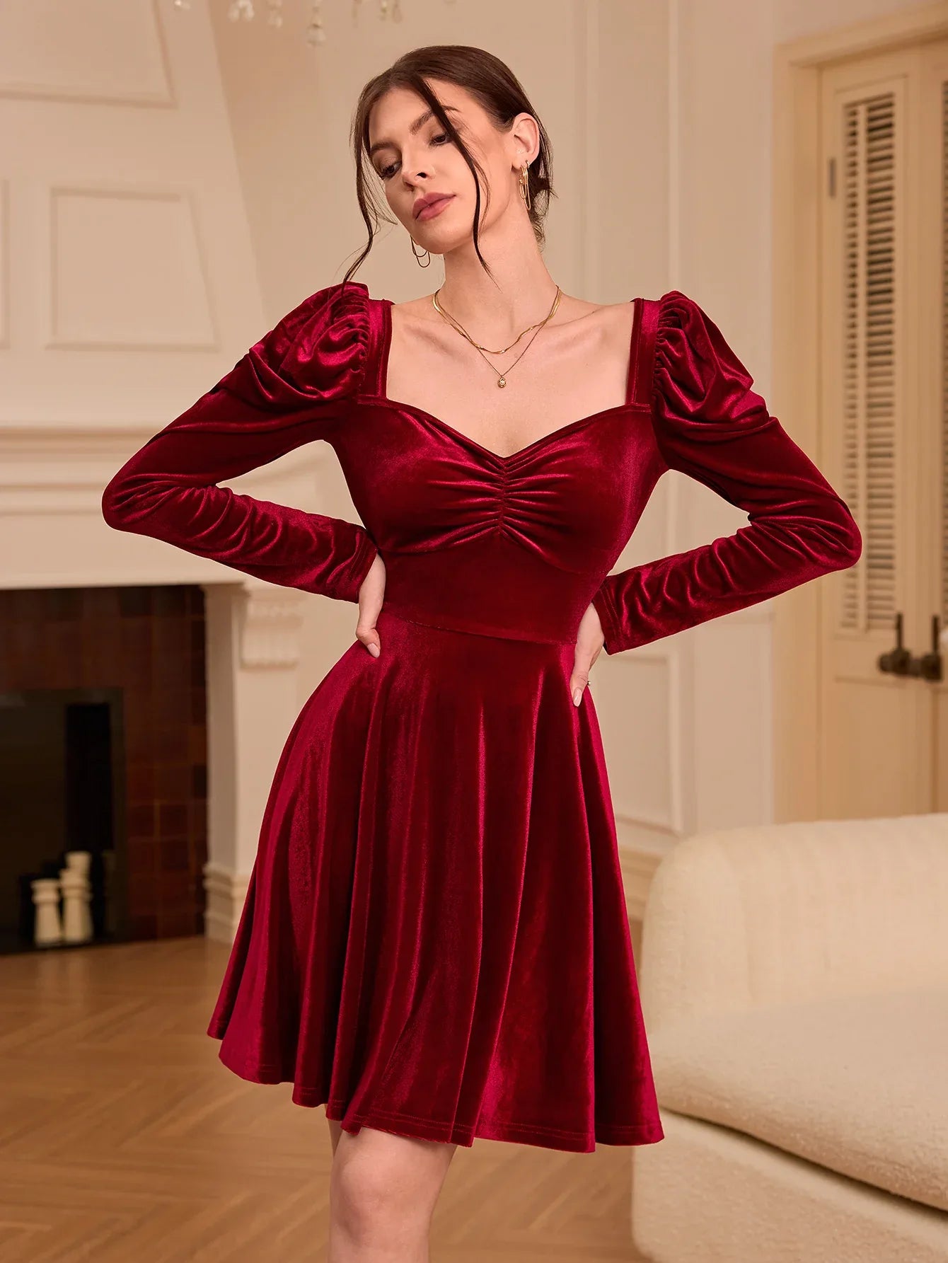 TEMU-French-Style Burgundy Winter Dress - alotasawkli