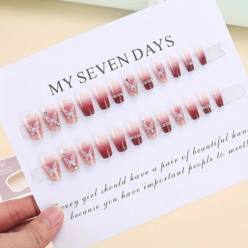 TEMU-30pcs French Burgundy Gradient Fake Nails with White Butterfly Print - alotasawkli
