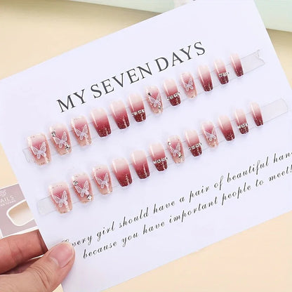 TEMU-30pcs French Burgundy Gradient Fake Nails with White Butterfly Print - alotasawkli