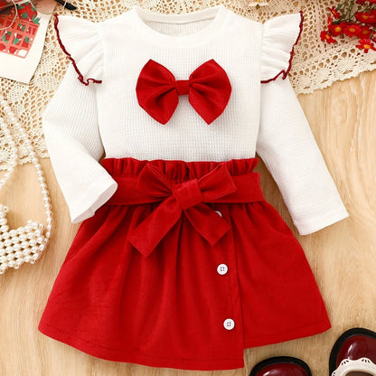 2pcs Winter Dress Set with Flying Sleeve Bow Embellished Top & Asymmetric Skirt - Belt Included, Matching Outfit for Clothing (Birthday Party Wedding Daily Wear), Perfect for Outdoor - alotasawkli