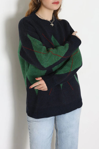Women’s Argyle Knitwear Sweater – Navy Blue & Green
