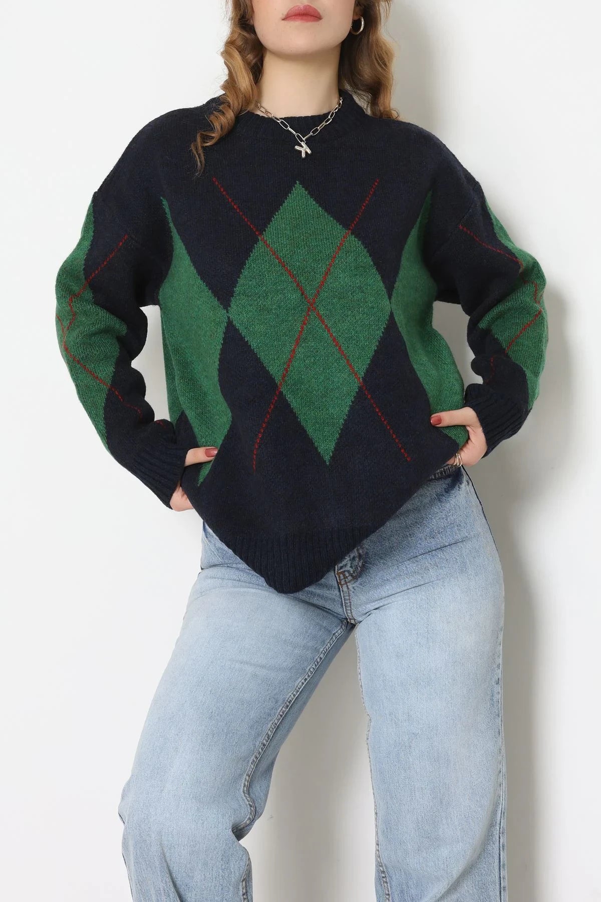 Women’s Argyle Knitwear Sweater – Navy Blue & Green