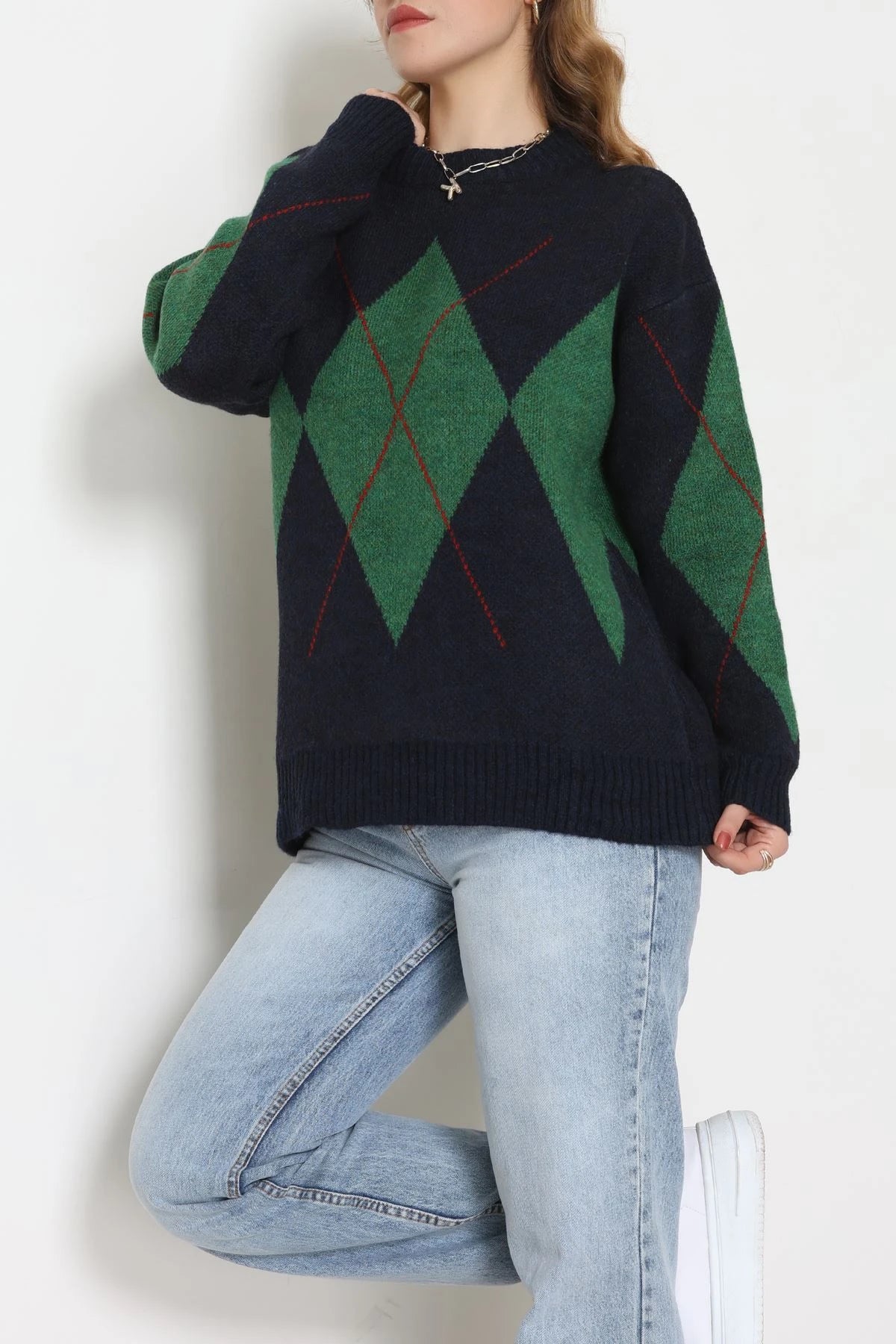 Women’s Argyle Knitwear Sweater – Navy Blue & Green