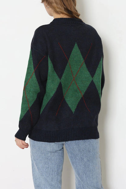 Women’s Argyle Knitwear Sweater – Navy Blue & Green