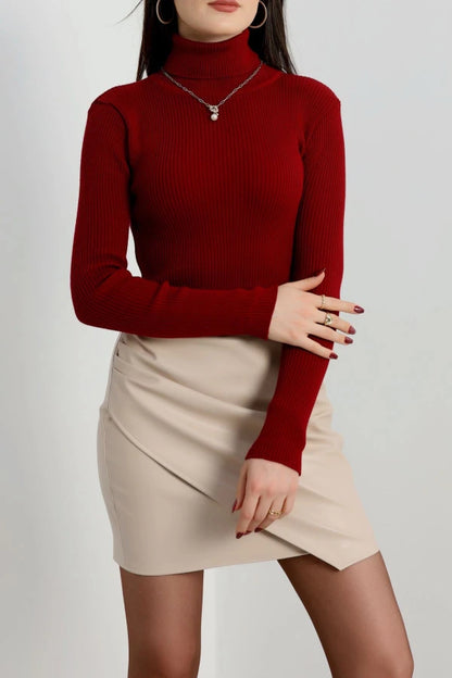 Women’s High-Neck (Mock Neck) Cotton Knitwear Top – Burgundy