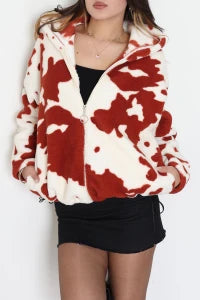 Printed Hooded Fleece Jacket, Mink Brown