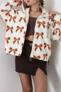Printed Hooded Fleece Jacket, Mink Brown
