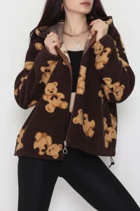 Printed Hooded Fleece Jacket, Mink Brown