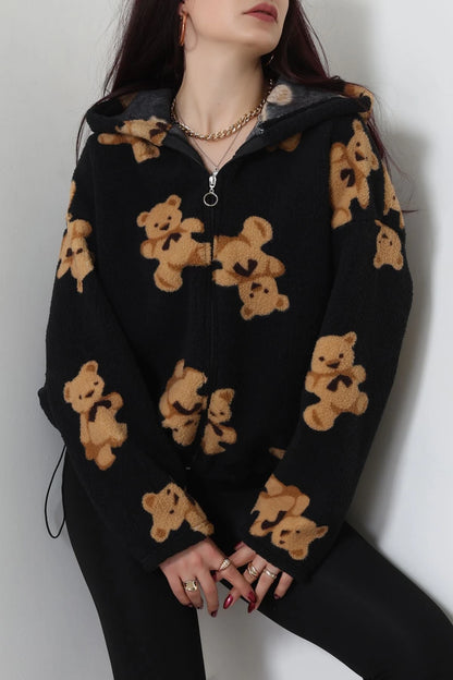 Printed Hooded Fleece Jacket, Mink Brown