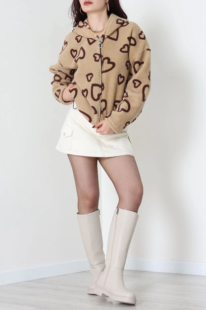 Printed Hooded Fleece Jacket, Mink Brown