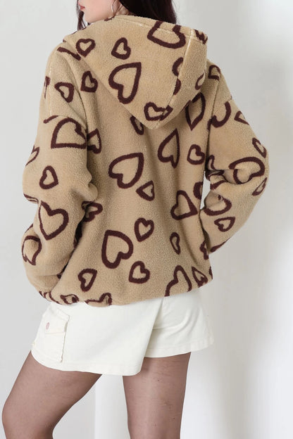 Printed Hooded Fleece Jacket, Mink Brown