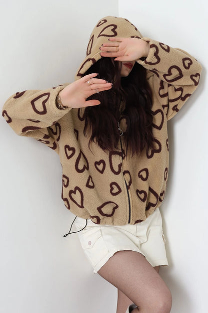 Printed Hooded Fleece Jacket, Mink Brown