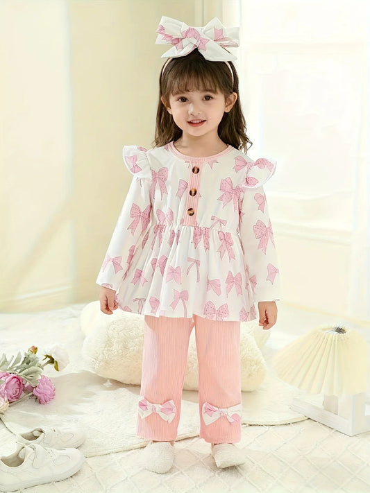 3pcs Girls' Winter Outfit Set - Soft Pink & Ruffle Sleeve Bow Print Shirt & Solid Color Pants with Heart Patterns, Cozy Fleece-Lined Leggings, for Outdoor, Perfect for Outdoor, Ideal Gift (Autumn/Winter), Casual Attire & Special Occasions - alotasawkli
