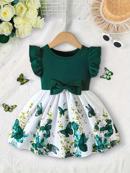 Girl'S Digital Print Dress with Butterfly Sleeves And a Round Neck, Featuring a Bow, Suitable for Spring And Summer. - alotasawkli