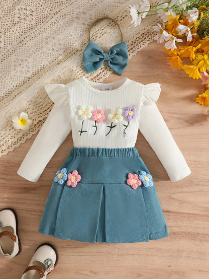 Girls' Long Sleeve 3pcs Set with 3D Floral Top, Skirt, and Headband, Perfect for Outdoor - alotasawkli