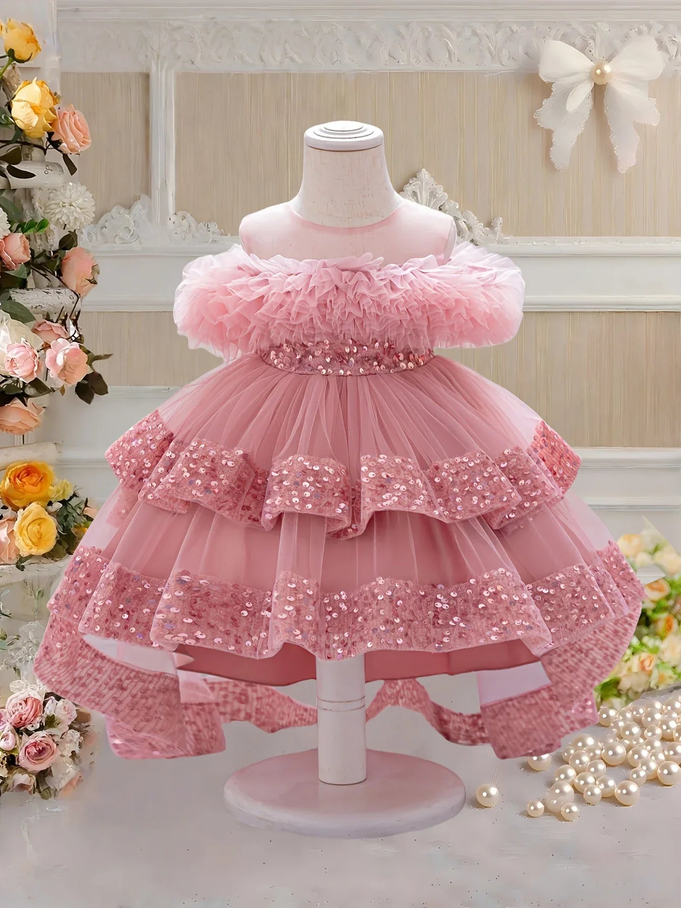 TEMU-Measuring Front Skirt, Girl's Pink Sequin Dress - alotasawkli