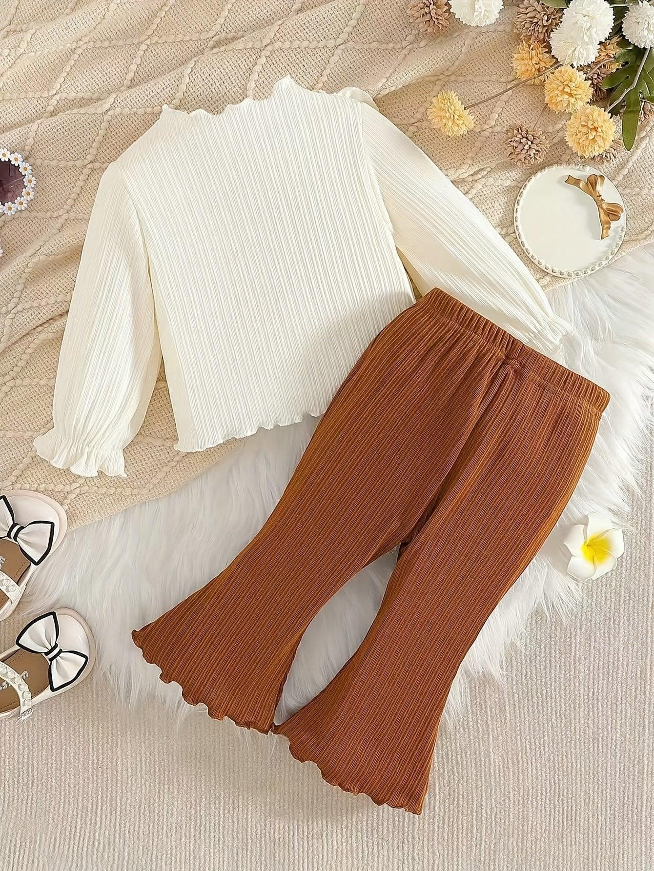Sweet Outfit for Girls: Floral Appliqué Top Paired with Brown Flared Pants, a Charming Little, for Outdoor - alotasawkli