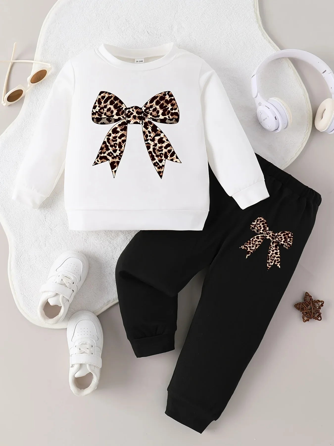 Spring/Autumn Baby Girl Round Neck Leopard Print Bow Long Sleeve Top and Pants Casual Two-Piece Set, Perfect for Outdoor - alotasawkli