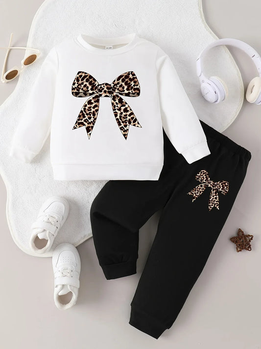 Spring/Autumn Baby Girl Round Neck Leopard Print Bow Long Sleeve Top and Pants Casual Two-Piece Set, Perfect for Outdoor - alotasawkli