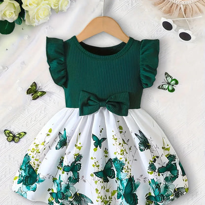 Girl'S Digital Print Dress with Butterfly Sleeves And a Round Neck, Featuring a Bow, Suitable for Spring And Summer. - alotasawkli