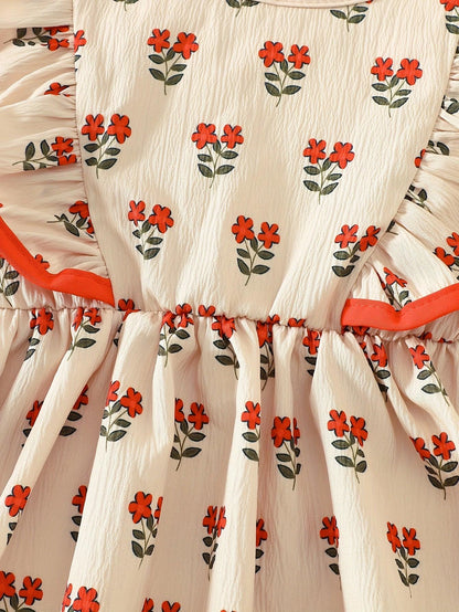 Baby Girl Floral Dress Set | Beige with Red Rose Print, Red Ruffle Trim Bell Sleeves, Cute and Sweet All-season Outfit - alotasawkli