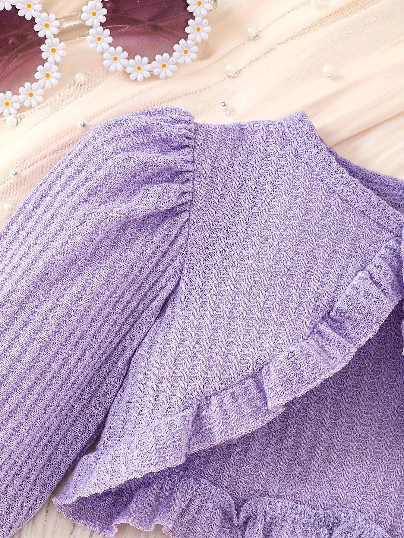 2pcs Autumn Winter Girl Purple Ruffle Jacket Button Decoration Bow Flower Little Bee Print Vest Dress, Suitable for Outdoor Play and Events, Casual Elegant, Fashionable Clothing, Perfect for Outdoor - alotasawkli