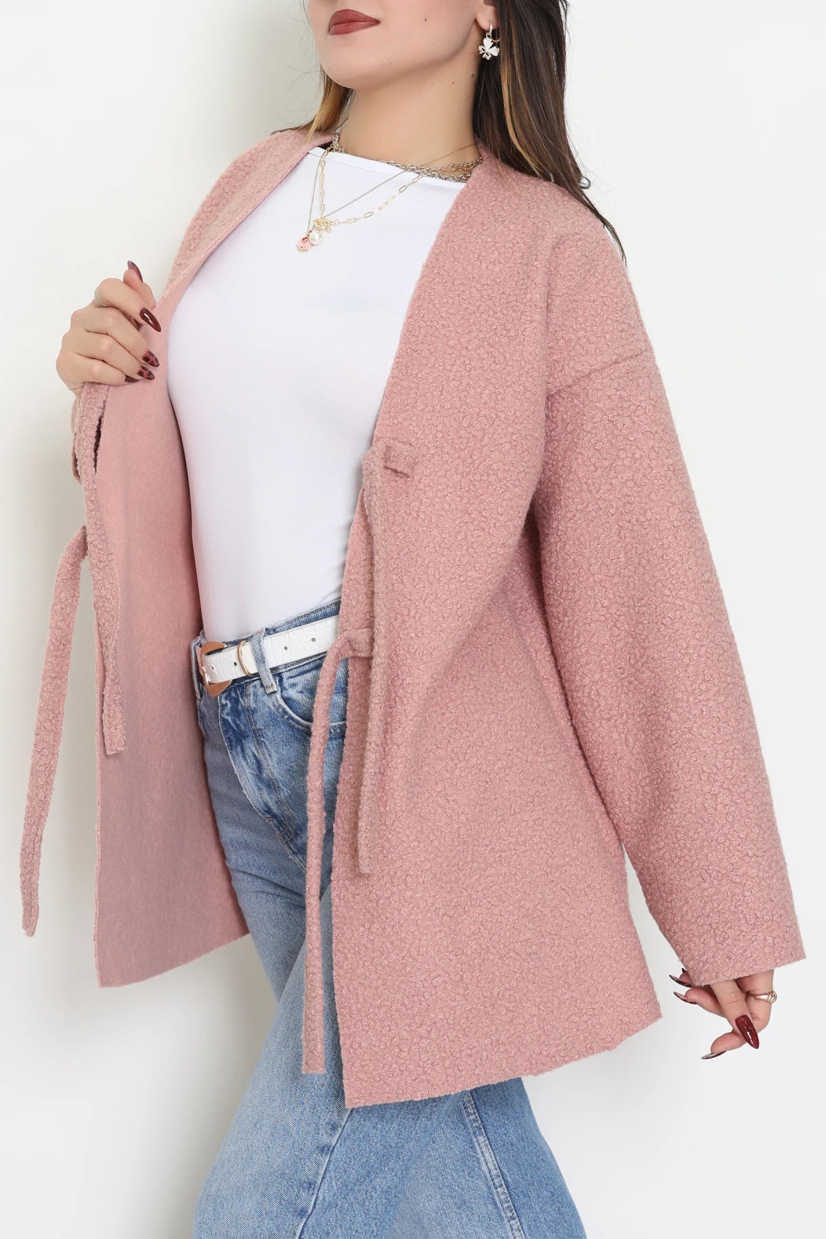Women's Bouclé Front-Tie Jacket - Soft Powder Pink