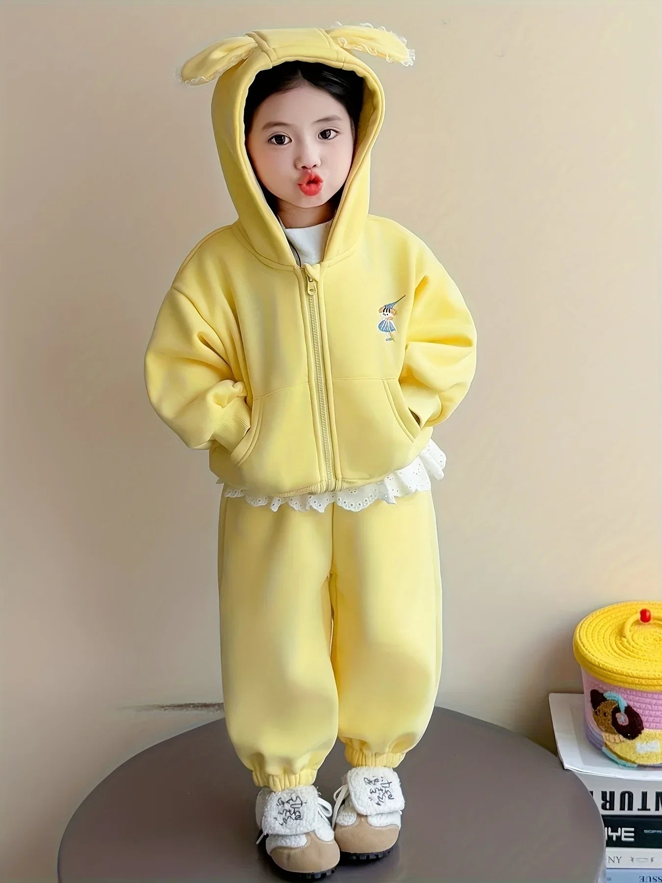 TEMU-Girls Cartoon Plus Velvet Thickened Hooded Sweatshirt Trousers - alotasawkli