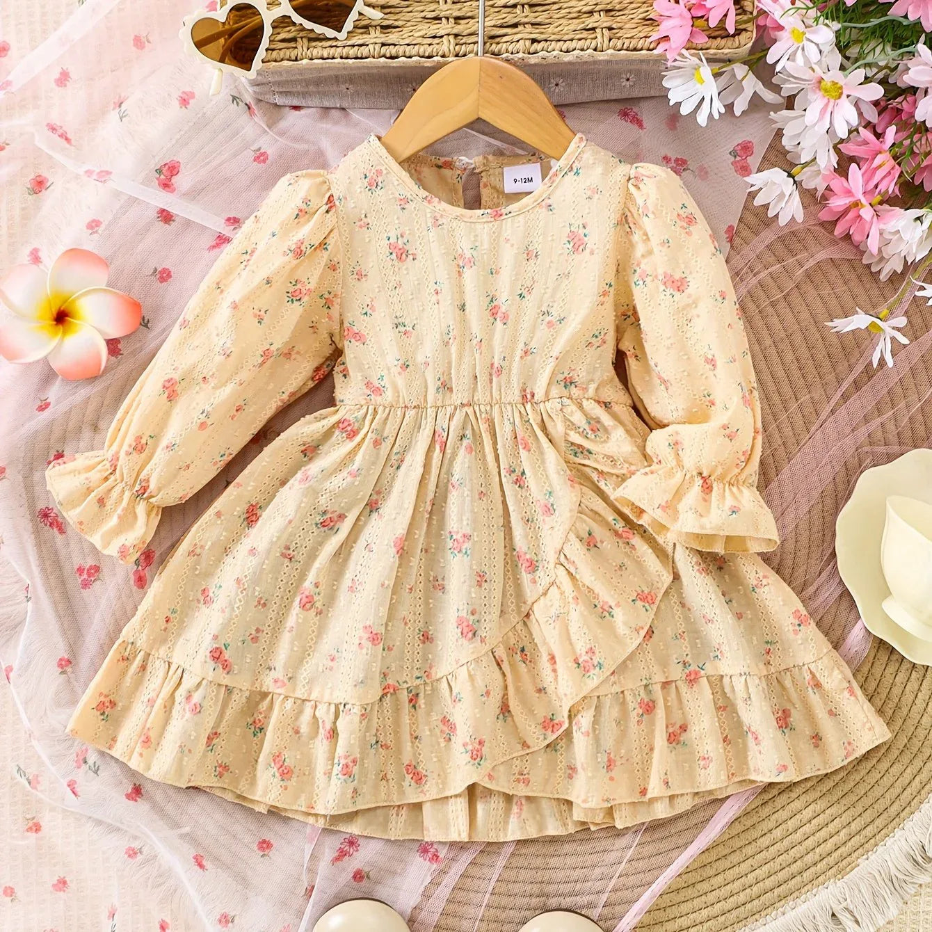 1pc Girls' Comfortable Cotton Jacquard Floral Pattern Spliced Dress - alotasawkli