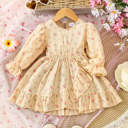1pc Girls' Comfortable Cotton Jacquard Floral Pattern Spliced Dress - alotasawkli