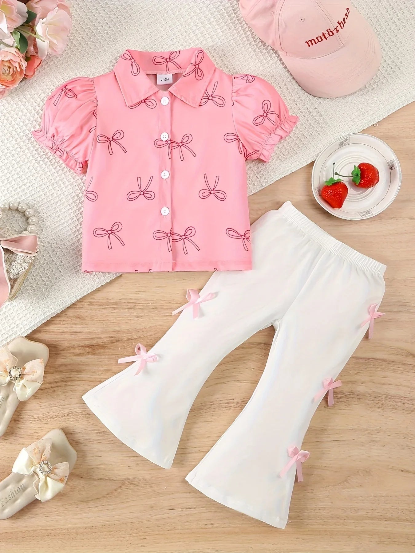 Little Girl's Cute Pink Bow Blouse + Long Pants with Decorative Bows, Perfect for Outdoor - alotasawkli