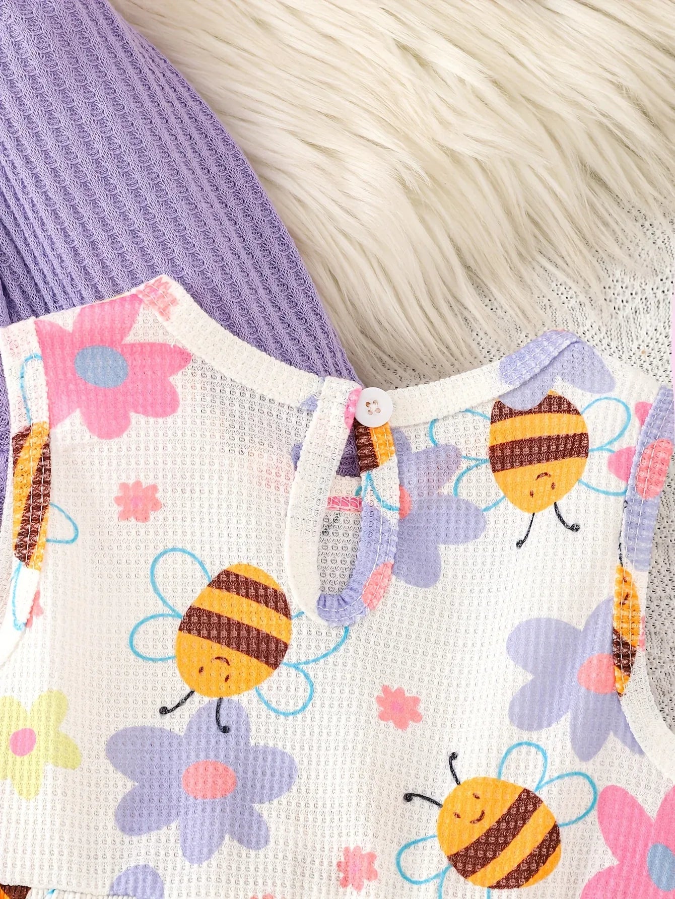 2pcs Autumn Winter Girl Purple Ruffle Jacket Button Decoration Bow Flower Little Bee Print Vest Dress, Suitable for Outdoor Play and Events, Casual Elegant, Fashionable Clothing, Perfect for Outdoor - alotasawkli