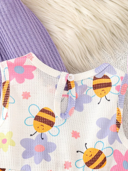 2pcs Autumn Winter Girl Purple Ruffle Jacket Button Decoration Bow Flower Little Bee Print Vest Dress, Suitable for Outdoor Play and Events, Casual Elegant, Fashionable Clothing, Perfect for Outdoor - alotasawkli
