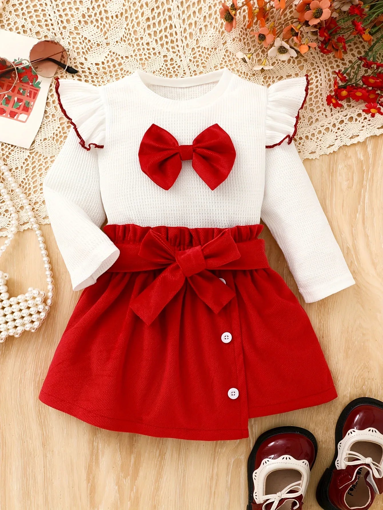 2pcs Winter Dress Set with Flying Sleeve Bow Embellished Top & Asymmetric Skirt - Belt Included, Matching Outfit for Clothing (Birthday Party Wedding Daily Wear), Perfect for Outdoor - alotasawkli