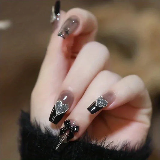 TEMU-24pcs Black Press On Nails with Jelly Gum - alotasawkli