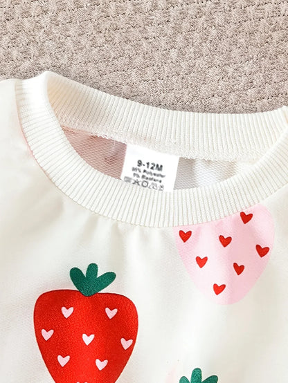 for Autumn and Winter - Girls 0-3 Years - New Strawberry Print Two Piece Set, with Red Strawberries, Green Leaves, and Pink Hearts, Soft Beige-Friendly Material, Boneless Sewing Craft, Baby Warm Outerwear, Winter Daily Wear, Cute Children's Clothing - alotasawkli