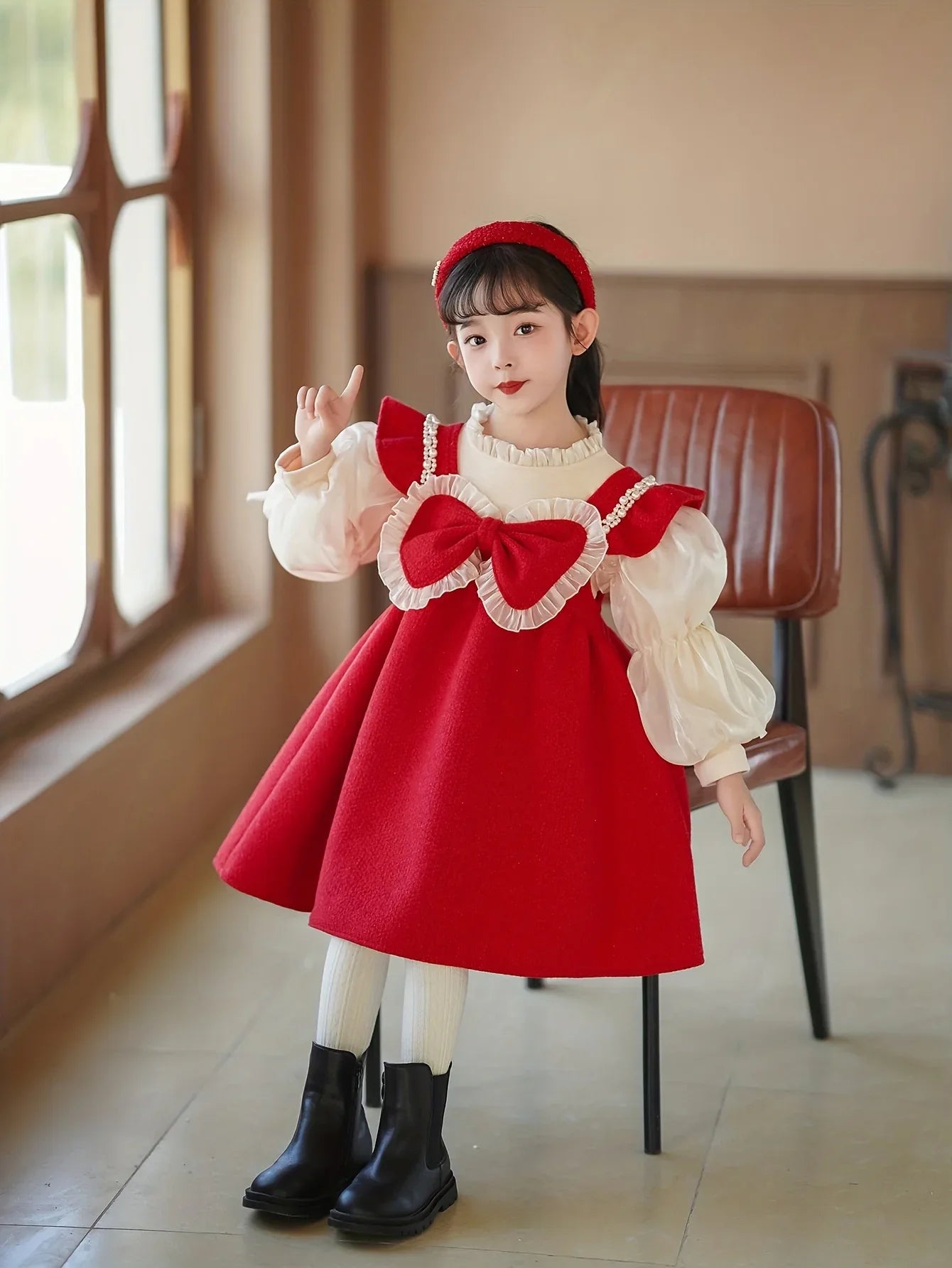 TEMU-Girls' Two-Piece Princess Dress with Bubble Sleeves & Big Bow - Red - alotasawkli
