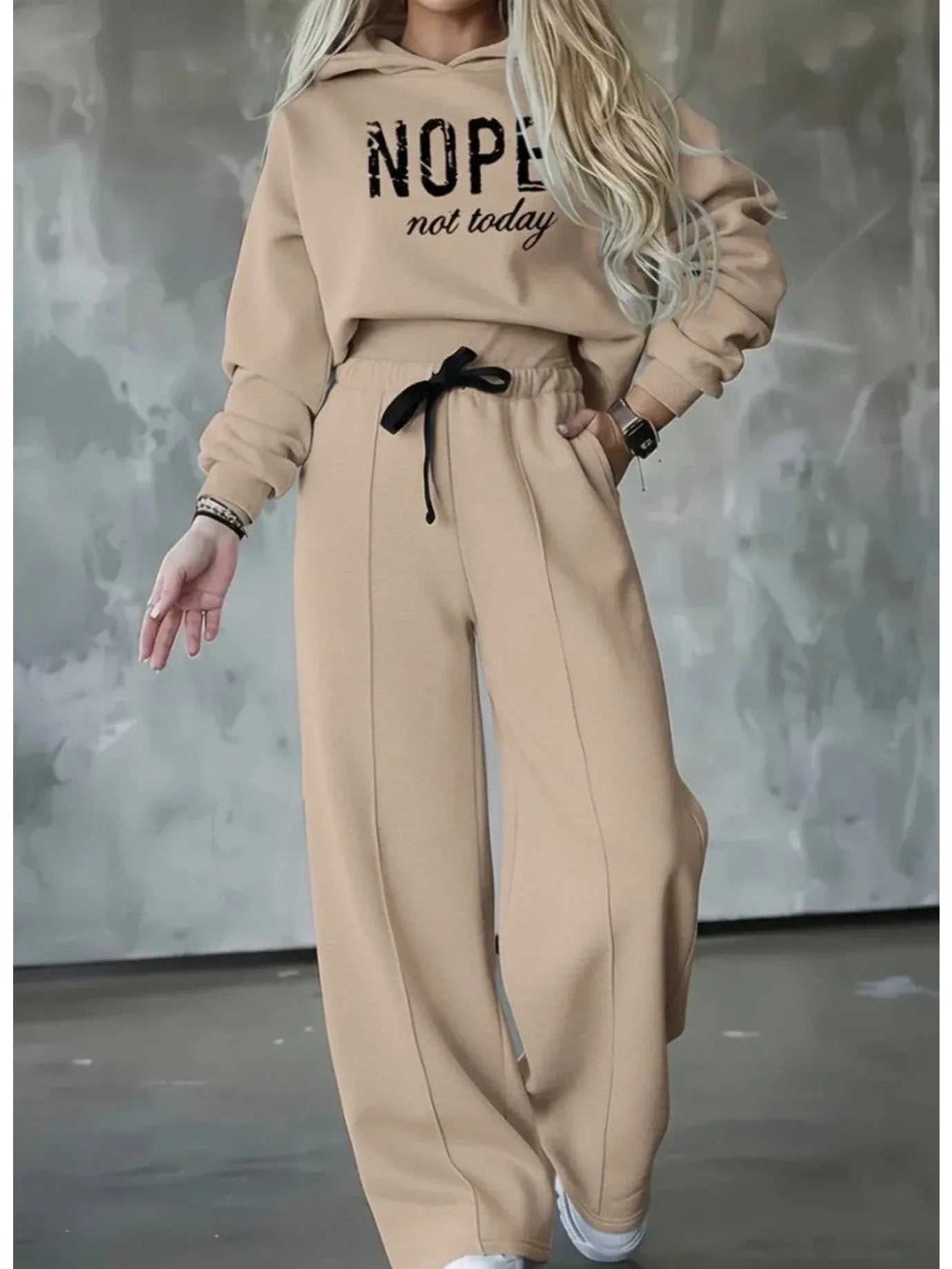 فستان نسائي طويل الأكمام مطبوع عليه "NOPE" بحزام خصر وشريط، تصميم يومي مريح وأنيق قطعتين - alotasawkli