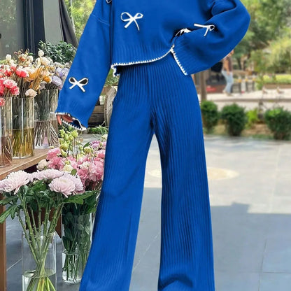 A 2pcs Women'S Set Consisting of a Simple Triko Top with Long Sleeves, Round Collar, And Filigree Decoration, And Pants. - alotasawkli